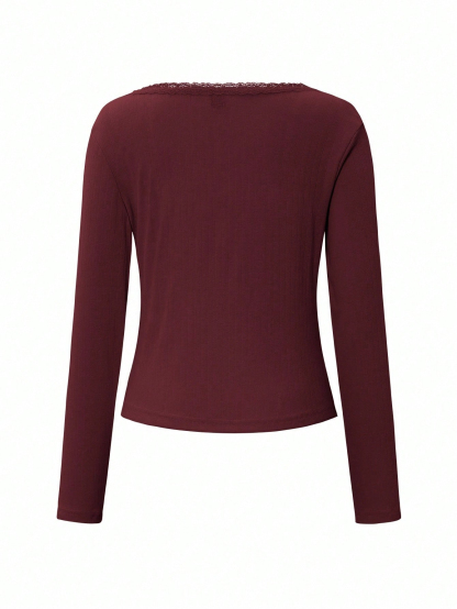 Women's Lace Button V-Neck Fashion Short-Sleeve Slim-Fit Long-Sleeve Top