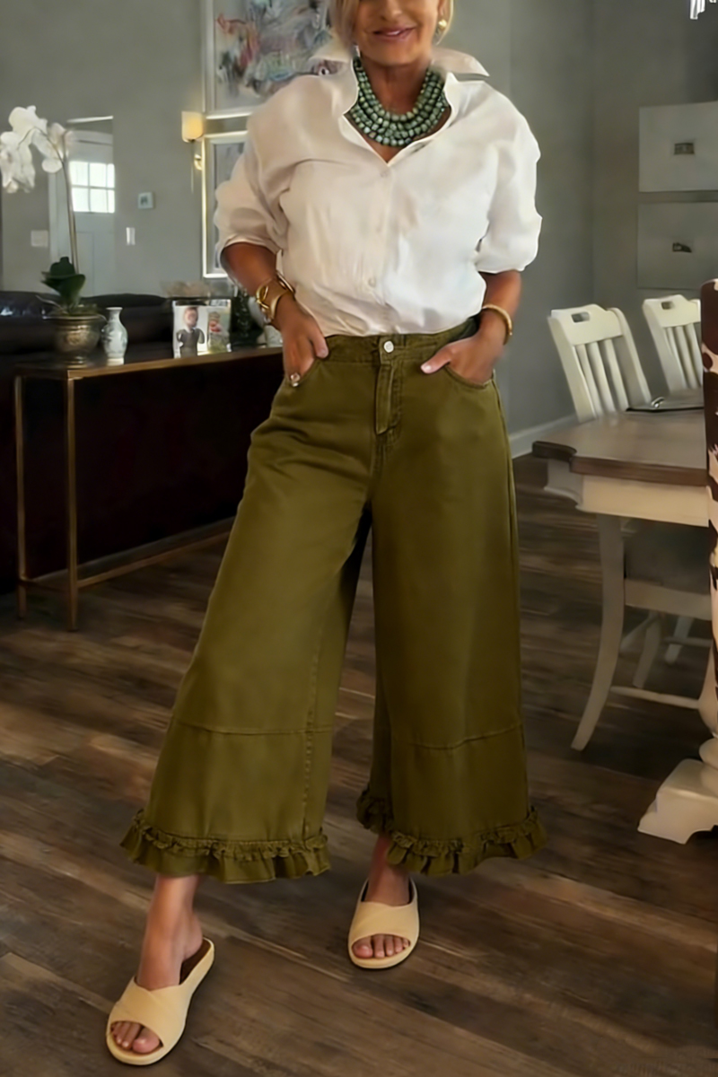 Women's fashionable casual wide-leg cropped jeans with ruffled hem