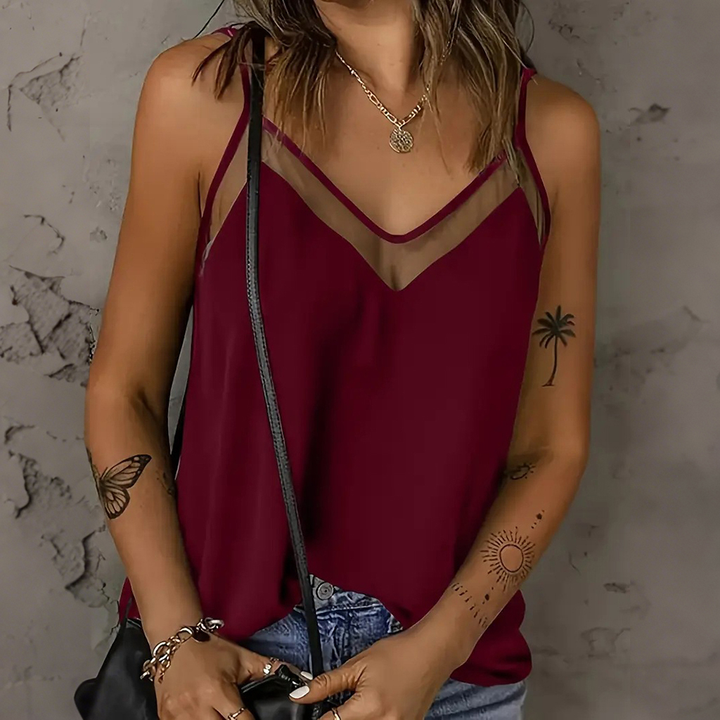 Women's sexy mesh vest solid color elegant patchwork V-neck camisole