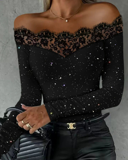 Women's long-sleeved fitted top with sexy sequins long-sleeved base layer