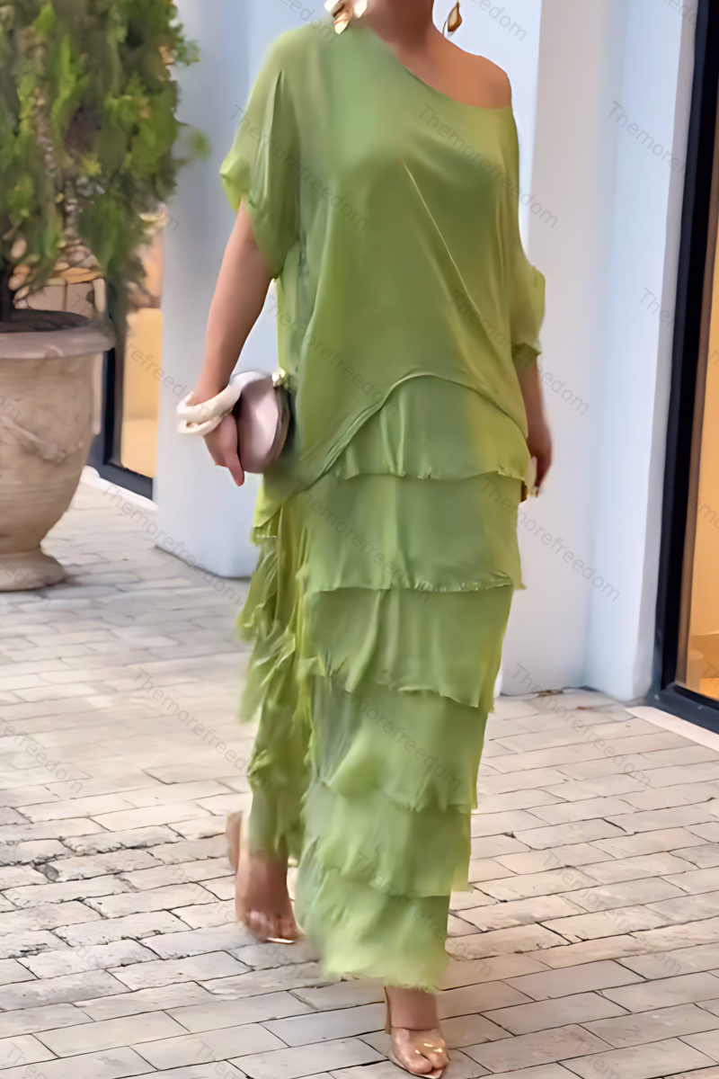 Women's solid color chiffon round neck three-quarter sleeve dress with tassel trim