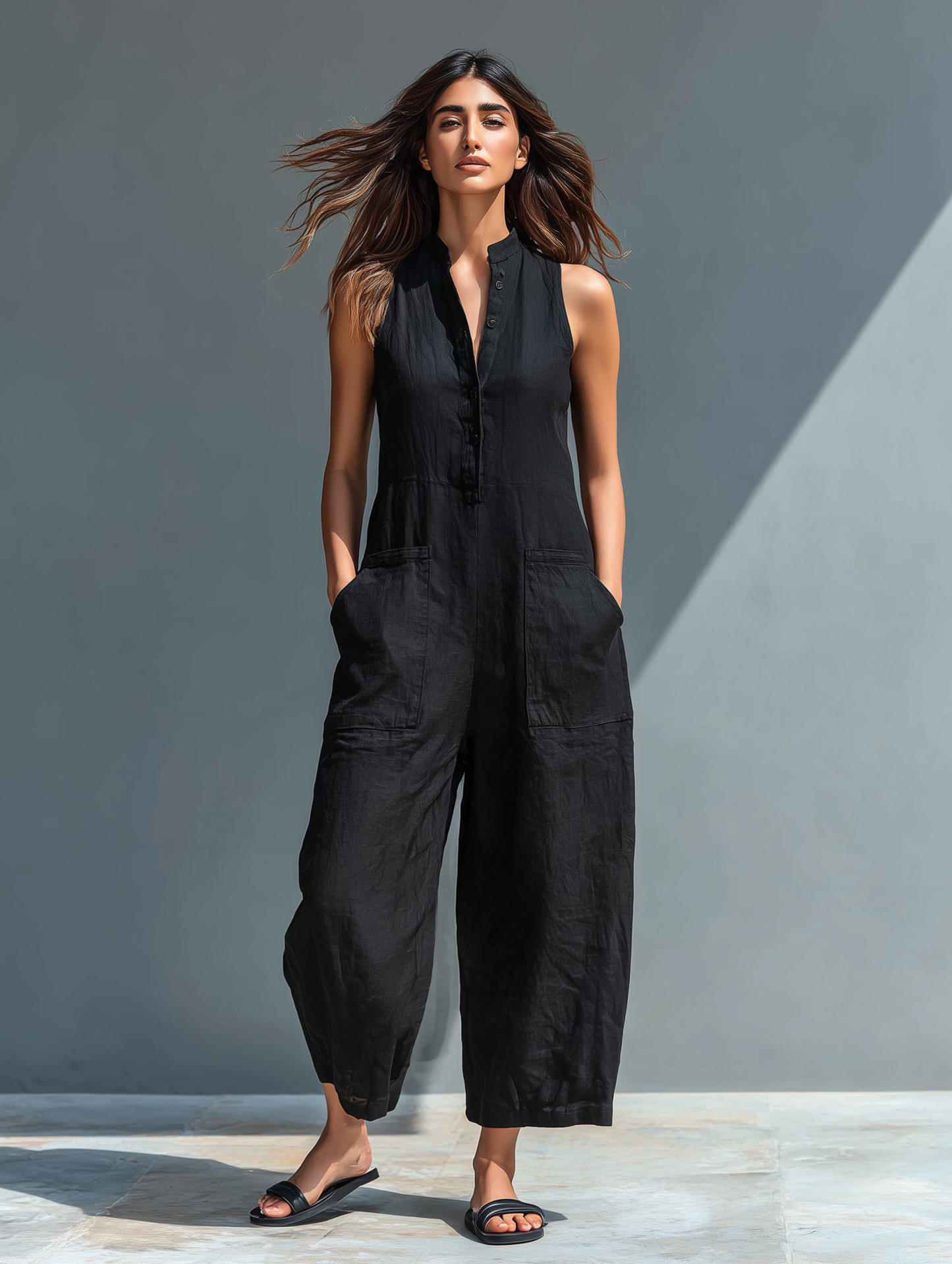 Women's Minimalist Linen Blend Button-up Stand-collar Sleeveless Loose Jumpsuit 