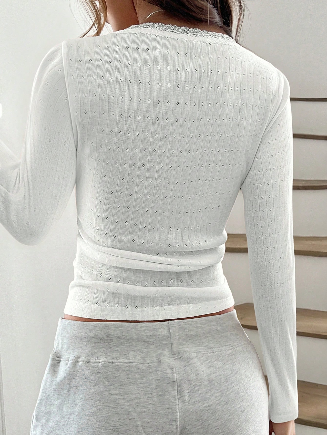 Women's Lace Button V-Neck Fashion Short-Sleeve Slim-Fit Long-Sleeve Top