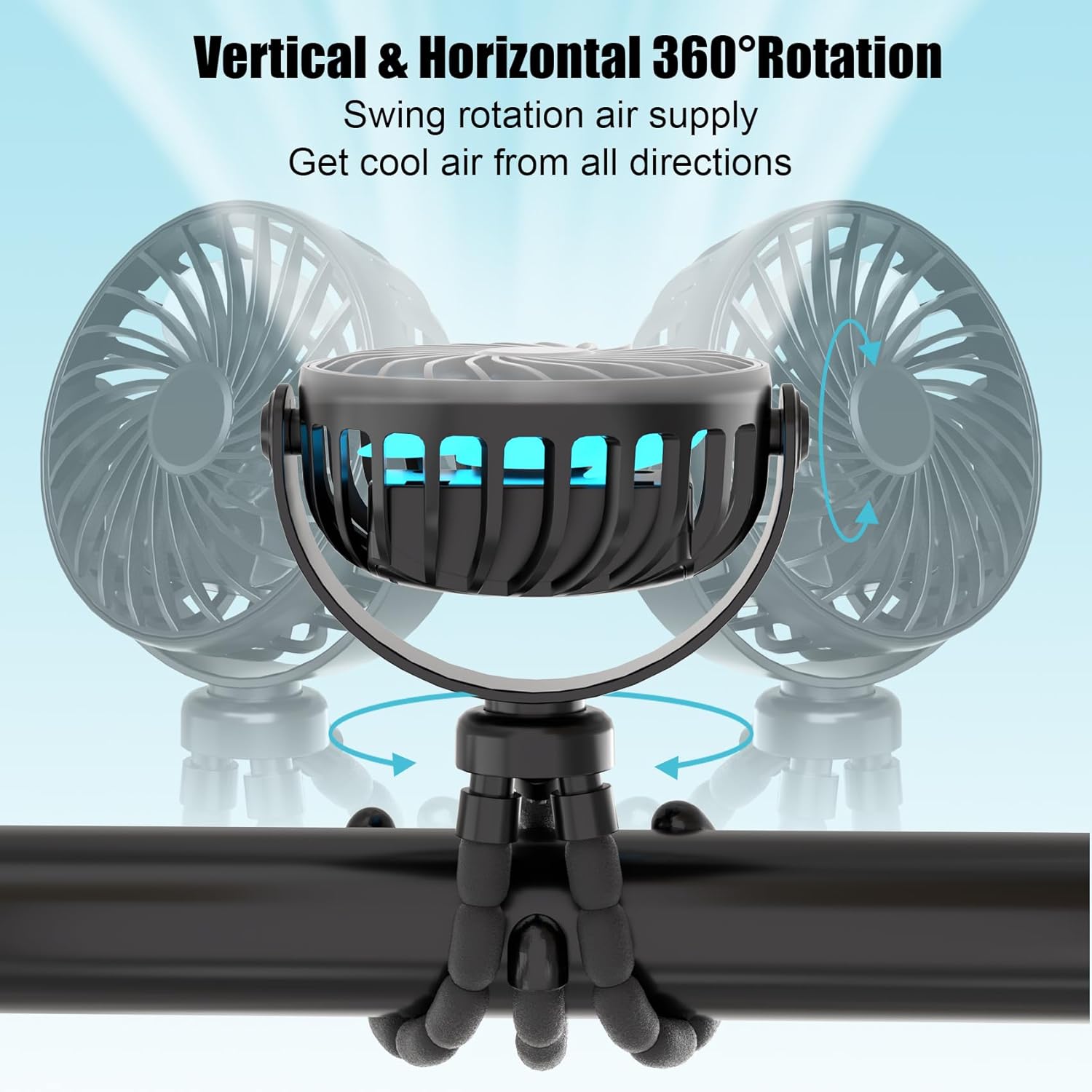 Stroller Fan, Rechargeable – Portable Stroller Fan, Clip-on Fan with Flexible Tripod