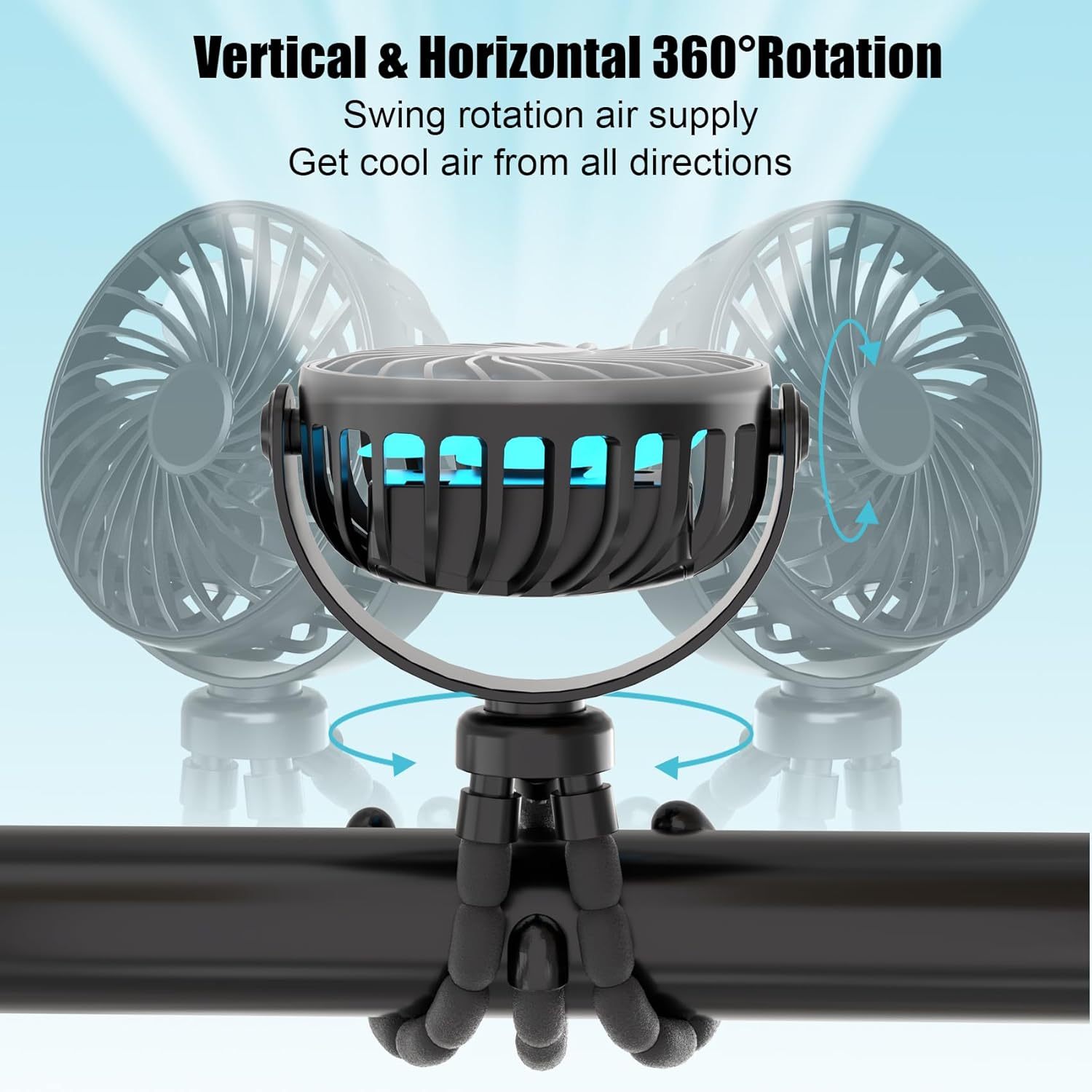 Stroller Fan, Rechargeable – Portable Stroller Fan, Clip-on Fan with Flexible Tripod