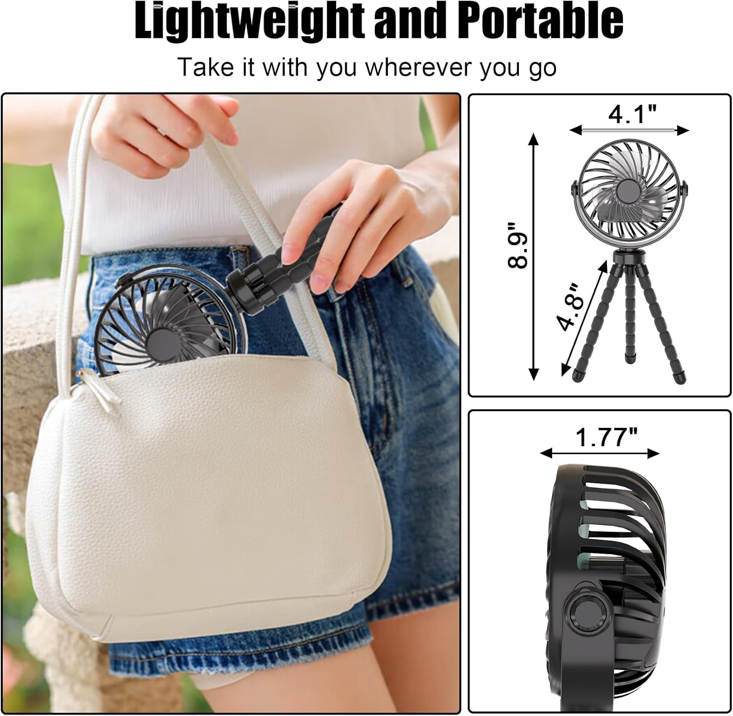 Stroller Fan, Rechargeable – Portable Stroller Fan, Clip-on Fan with Flexible Tripod