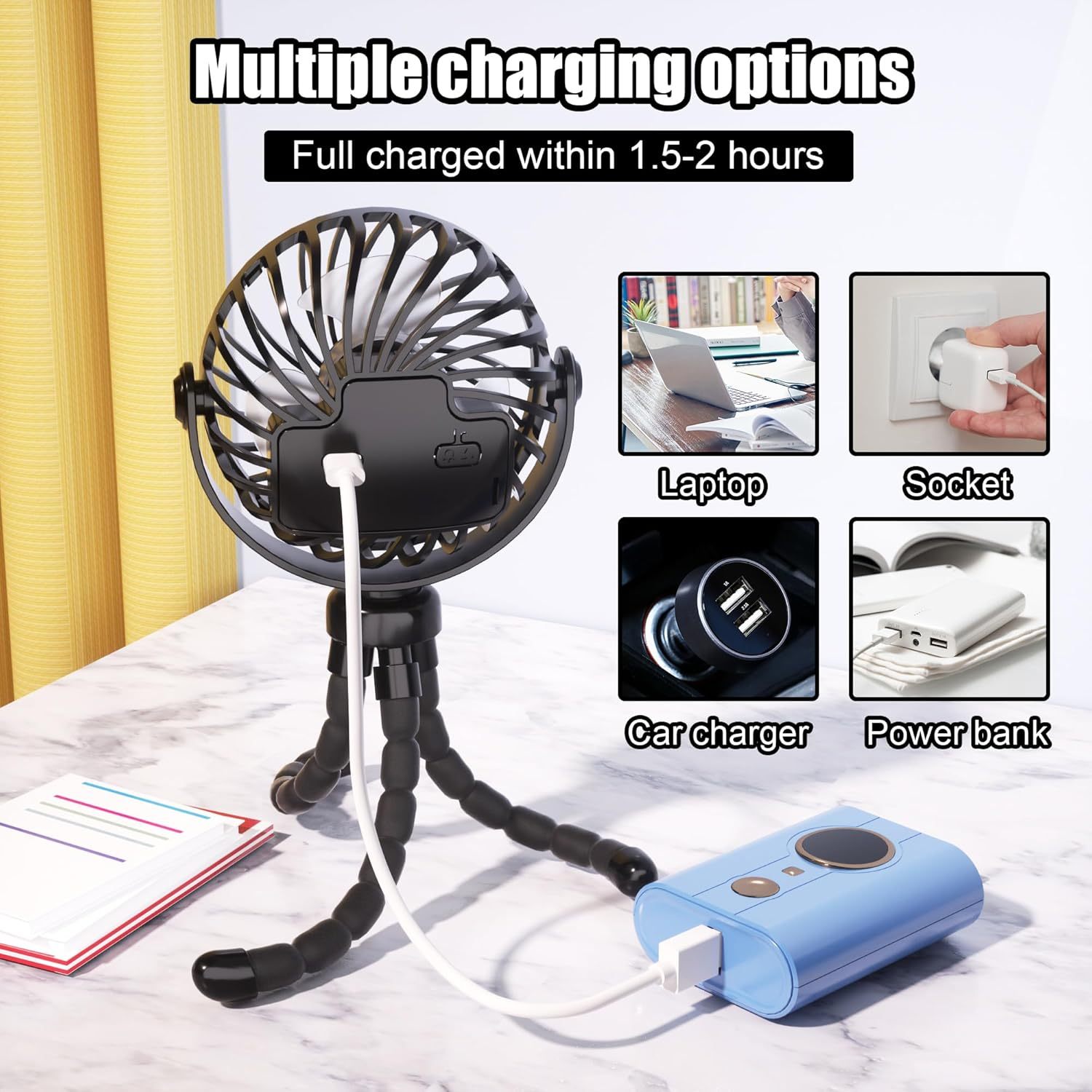 Stroller Fan, Rechargeable – Portable Stroller Fan, Clip-on Fan with Flexible Tripod