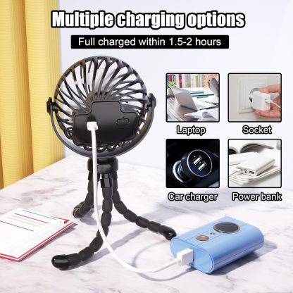 Stroller Fan, Rechargeable – Portable Stroller Fan, Clip-on Fan with Flexible Tripod