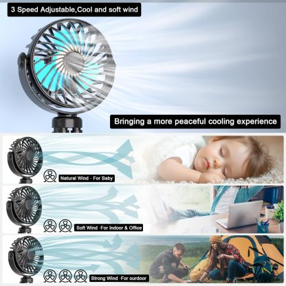 Stroller Fan, Rechargeable – Portable Stroller Fan, Clip-on Fan with Flexible Tripod