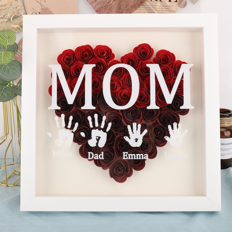 Custom Heart Flower Shadow Box,Custom Rose Shadow Box,Birthday Gift For Grandma Nana Mama Mimi,Mothers Day Gift From Son Daughter Grandchild image 1
