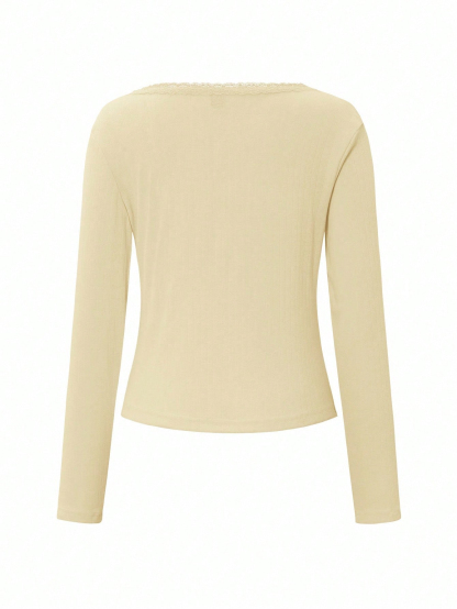 Women's Lace Button V-Neck Fashion Short-Sleeve Slim-Fit Long-Sleeve Top