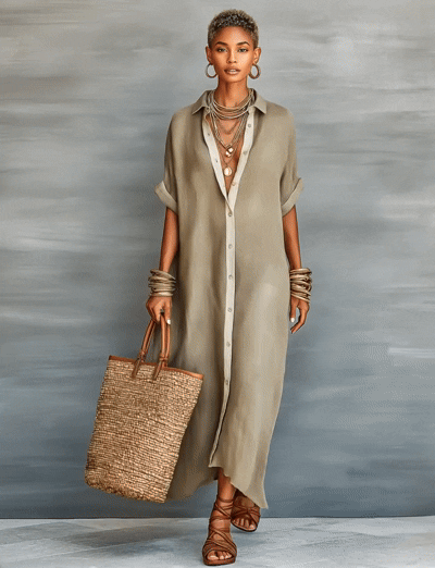 Women's Minimalist Linen Blend Short-sleeved Shirt Maxi Dress 