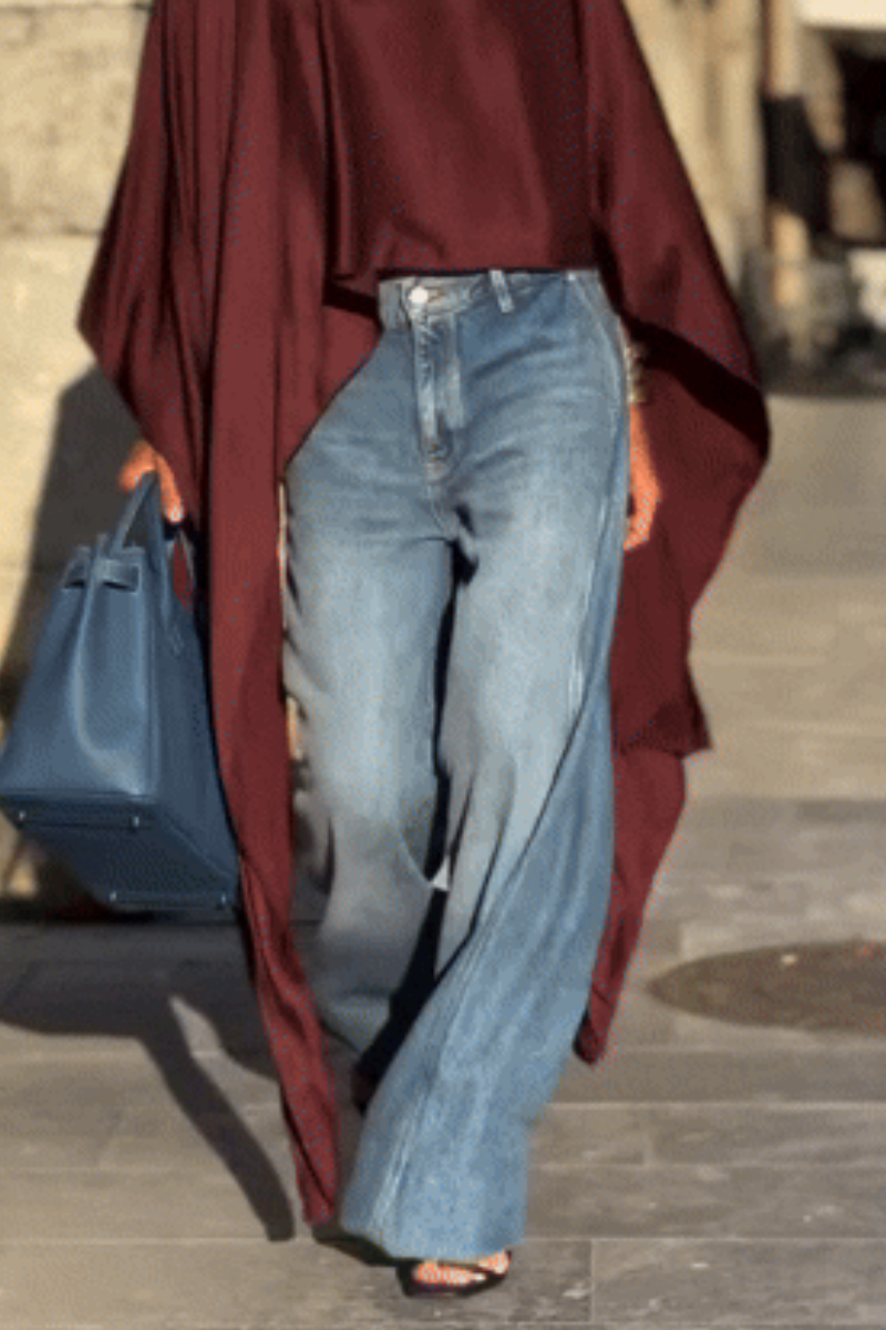 Women's fashionable irregular solid-color pullover sweater + loose simple straight-leg jeans
