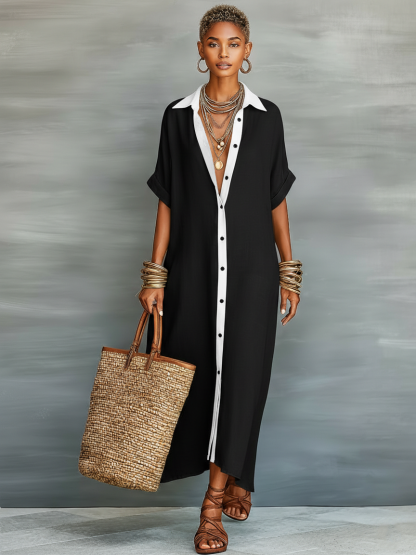 Women's Minimalist Linen Blend Short-sleeved Shirt Maxi Dress 