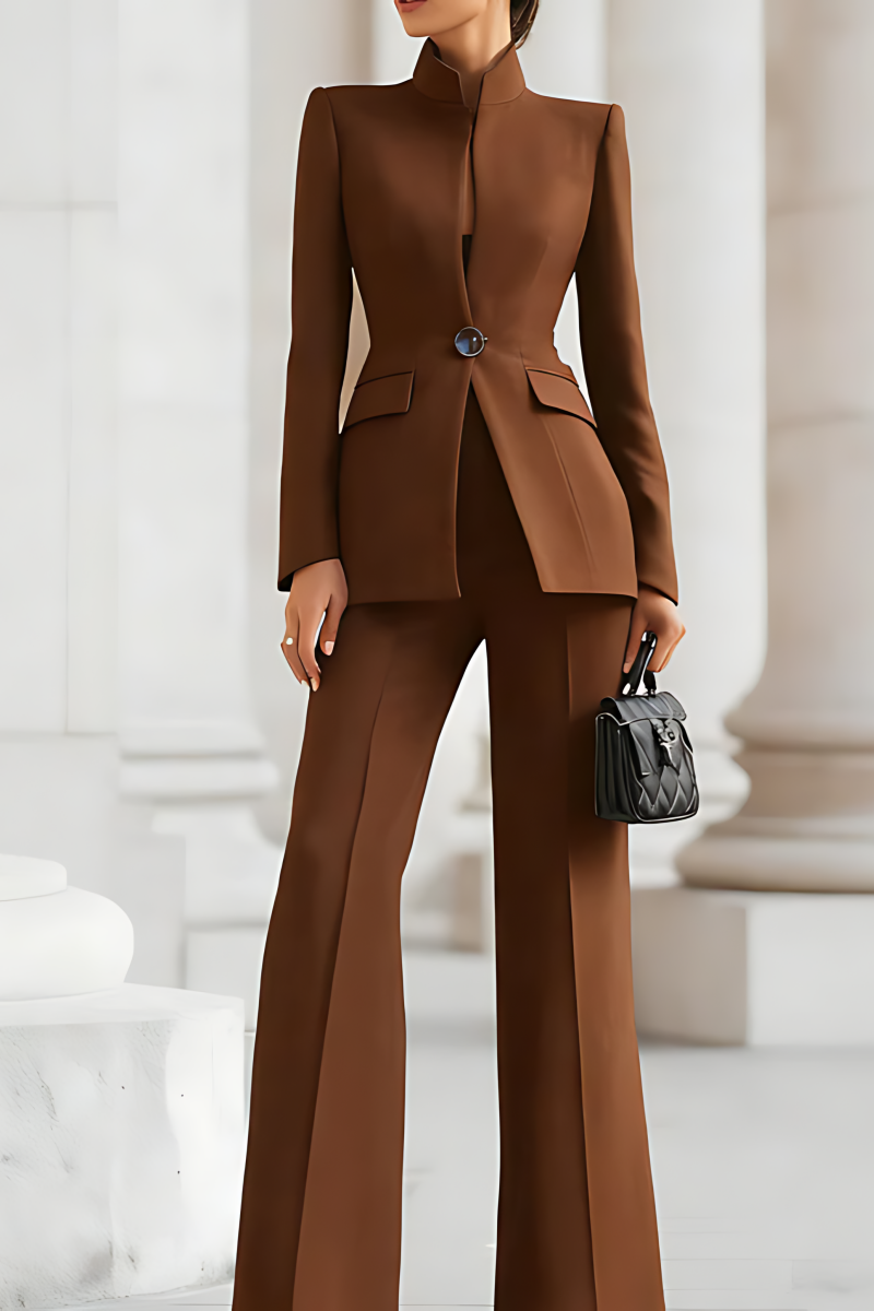 Women's long-sleeved solid-color blazer with pockets and one-button closure + long trousers two-piece set