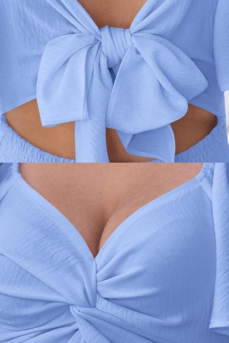 Women's summer short-sleeved high-waisted dress with a sweetheart neckline and a bow at the back a resort dress.