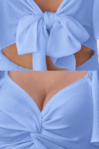 Women's summer short-sleeved high-waisted dress with a sweetheart neckline and a bow at the back a resort dress.