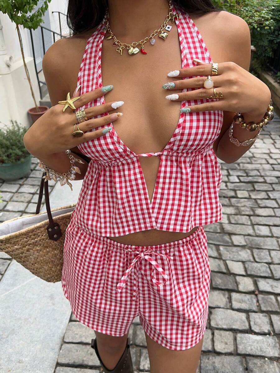 Women's Sexy Strappy Vest Top Tie-on Striped Check Set for Vacation