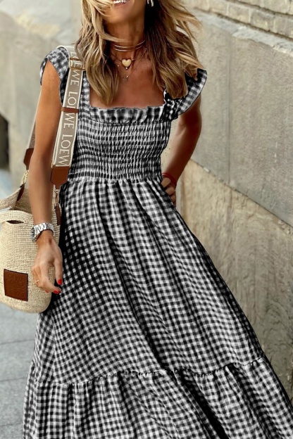 Women's patchwork plaid suspender elastic skirt dress
