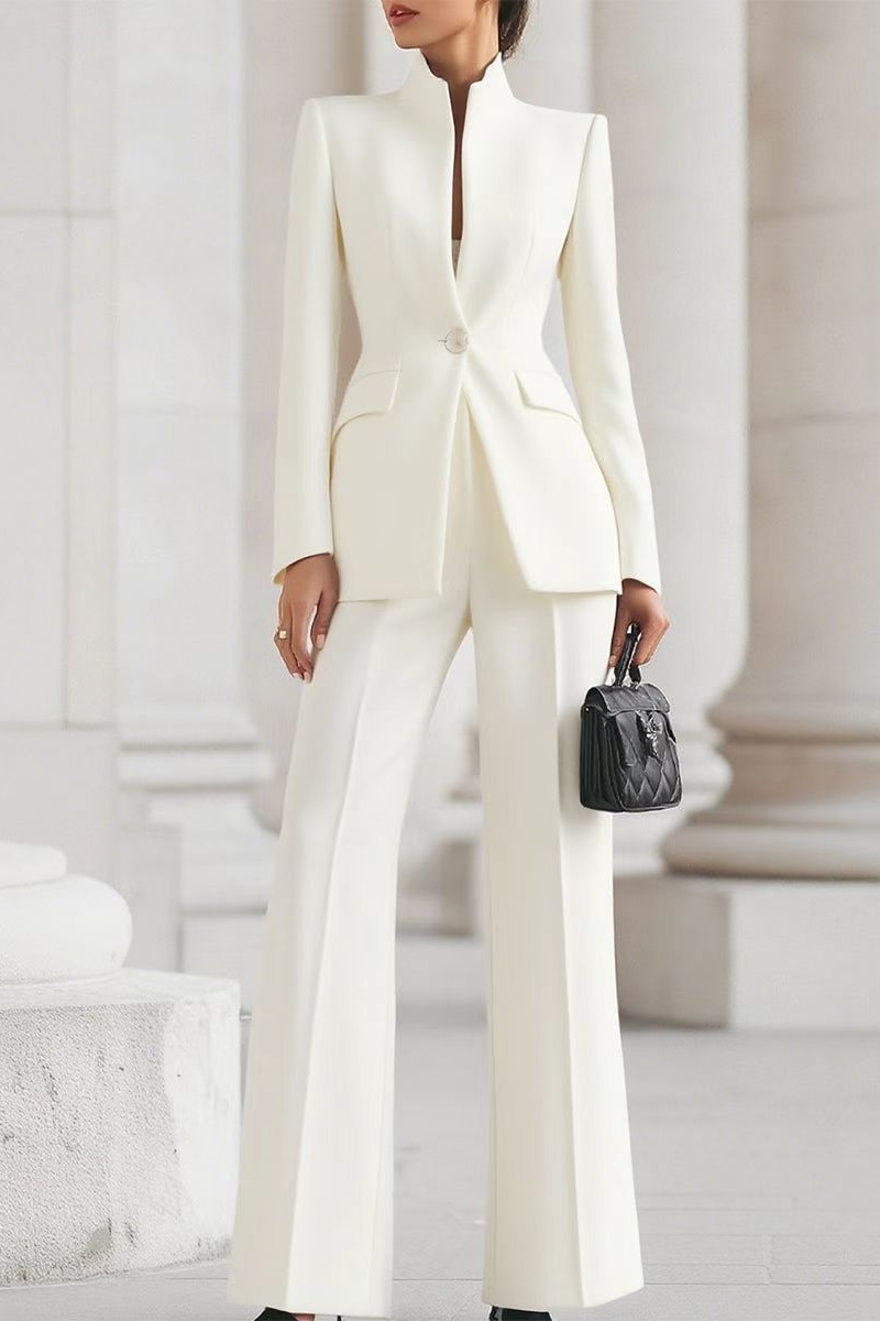 Women's long-sleeved solid-color blazer with pockets and one-button closure + long trousers two-piece set