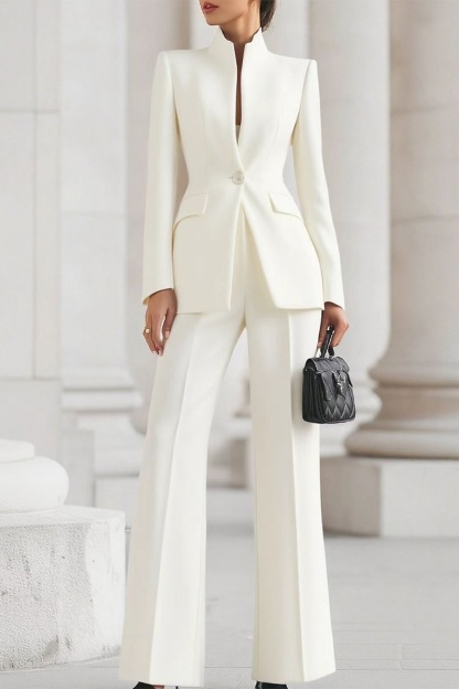 Women's long-sleeved solid-color blazer with pockets and one-button closure + long trousers two-piece set
