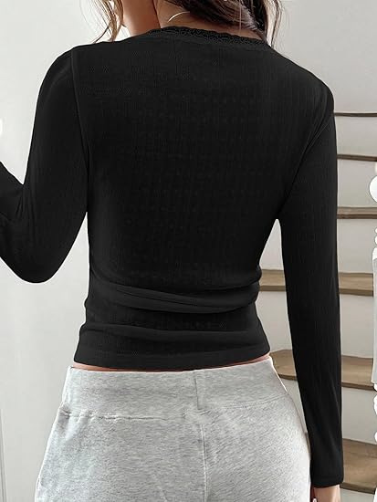 Women's Lace Button V-Neck Fashion Short-Sleeve Slim-Fit Long-Sleeve Top