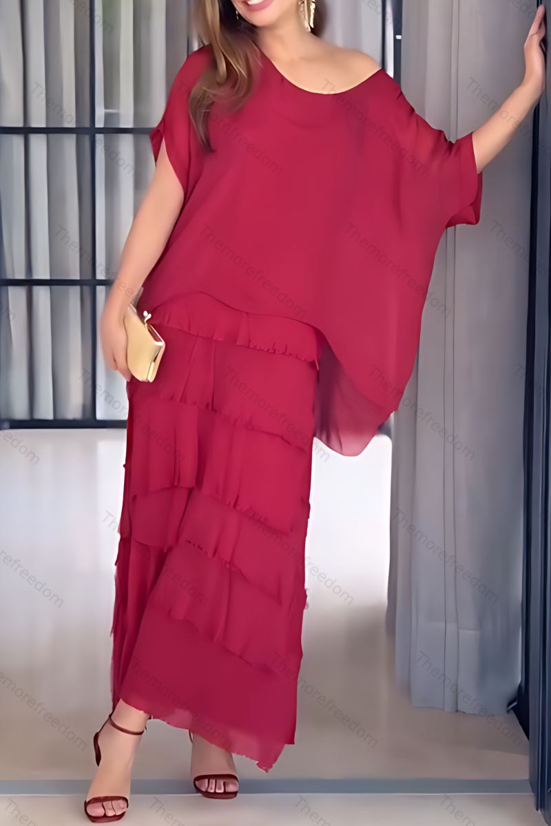 Women's solid color chiffon round neck three-quarter sleeve dress with tassel trim