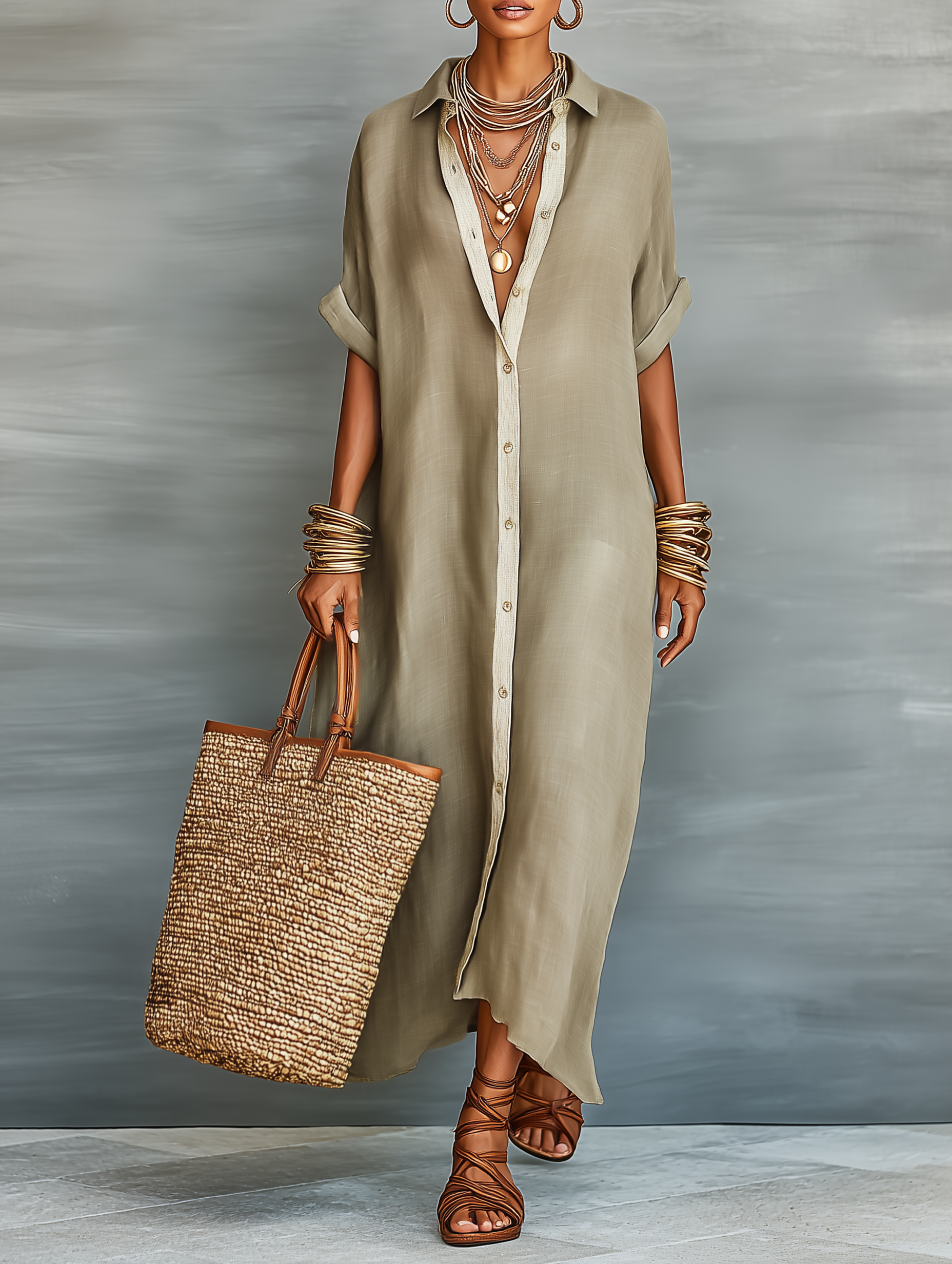 Women's Minimalist Linen Blend Short-sleeved Shirt Maxi Dress 