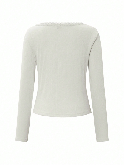 Women's Lace Button V-Neck Fashion Short-Sleeve Slim-Fit Long-Sleeve Top