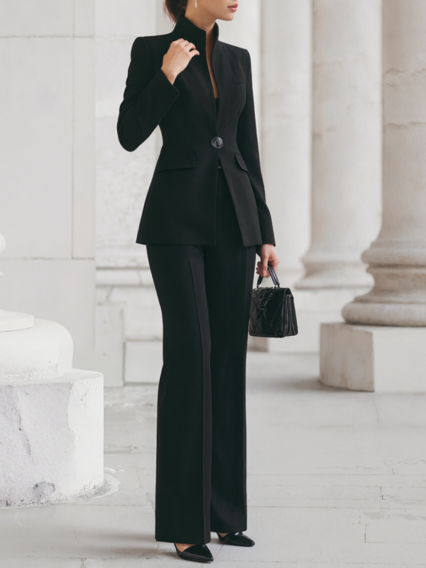 Women's long-sleeved solid-color blazer with pockets and one-button closure + long trousers two-piece set