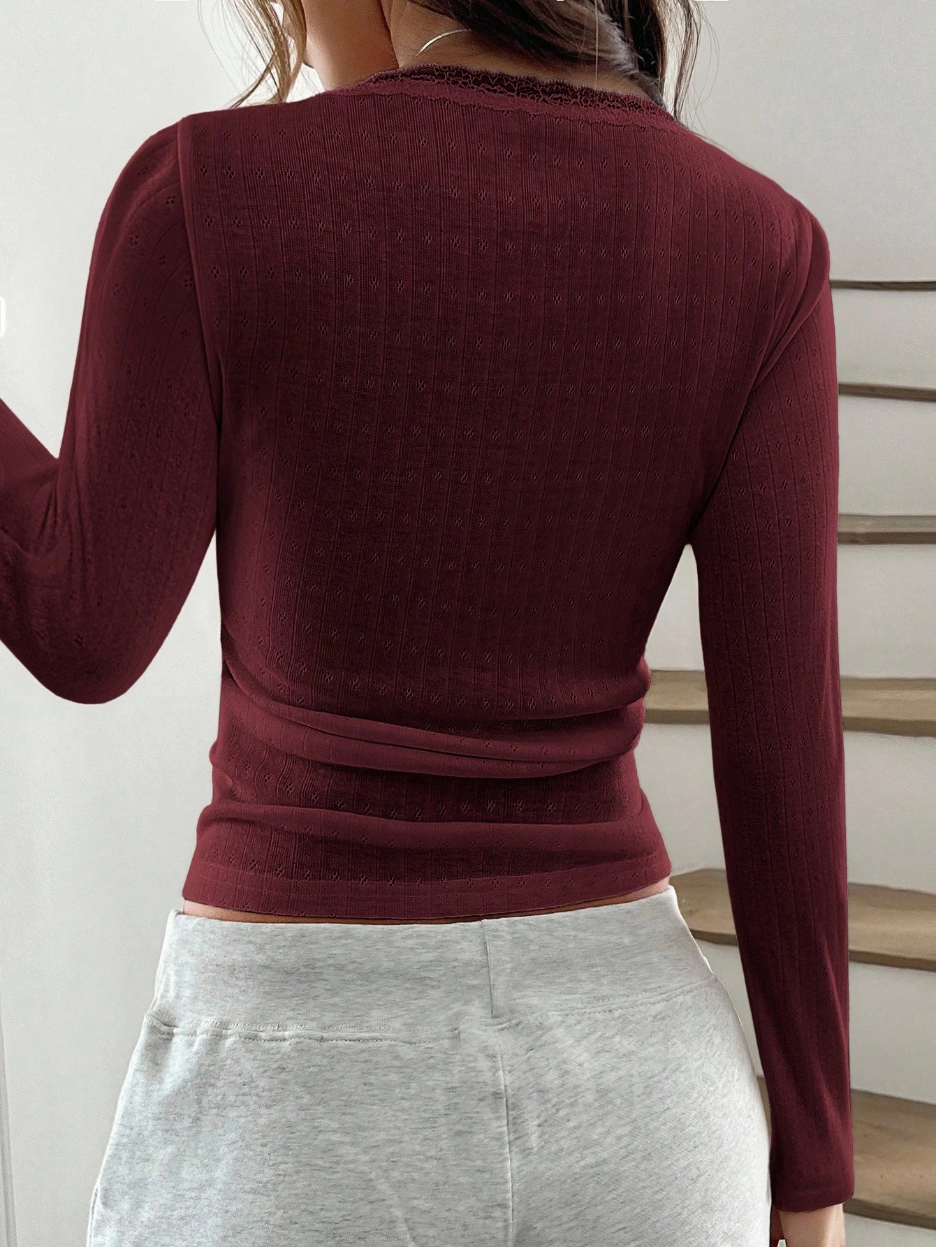 Women's Lace Button V-Neck Fashion Short-Sleeve Slim-Fit Long-Sleeve Top