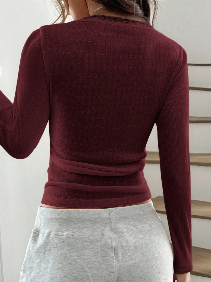 Women's Lace Button V-Neck Fashion Short-Sleeve Slim-Fit Long-Sleeve Top