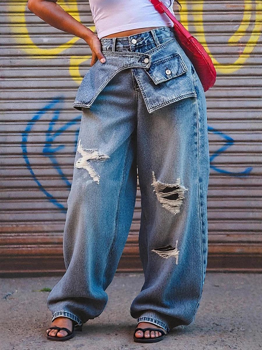 Women's designer patchwork wide-leg high-waisted loose-fitting slimming straight-leg ripped jeans