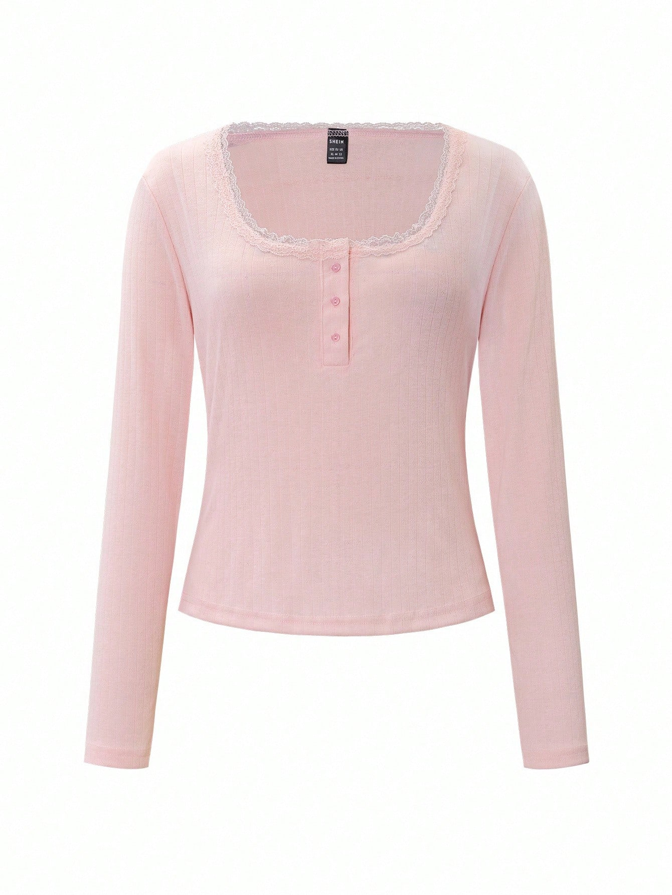 Women's Lace Button V-Neck Fashion Short-Sleeve Slim-Fit Long-Sleeve Top