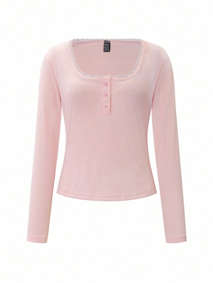 Women's Lace Button V-Neck Fashion Short-Sleeve Slim-Fit Long-Sleeve Top