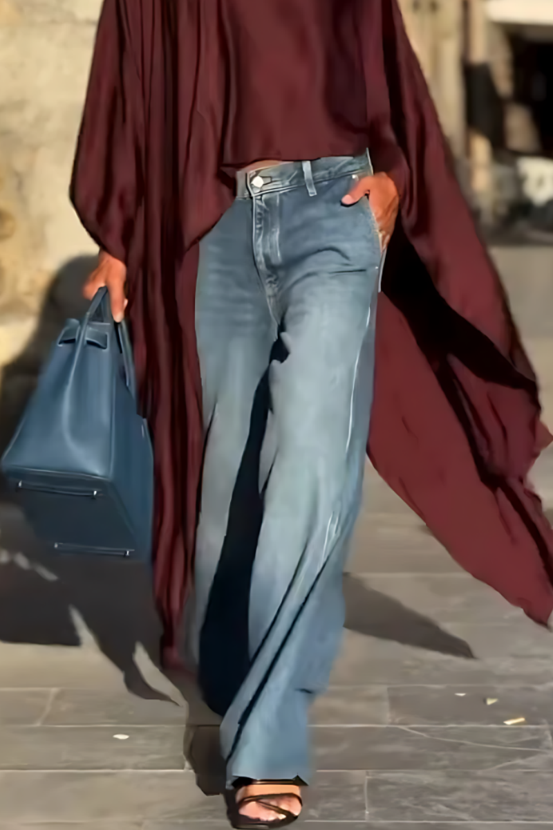 Women's fashionable irregular solid-color pullover sweater + loose simple straight-leg jeans