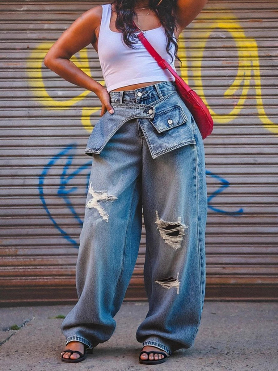 Women's designer patchwork wide-leg high-waisted loose-fitting slimming straight-leg ripped jeans