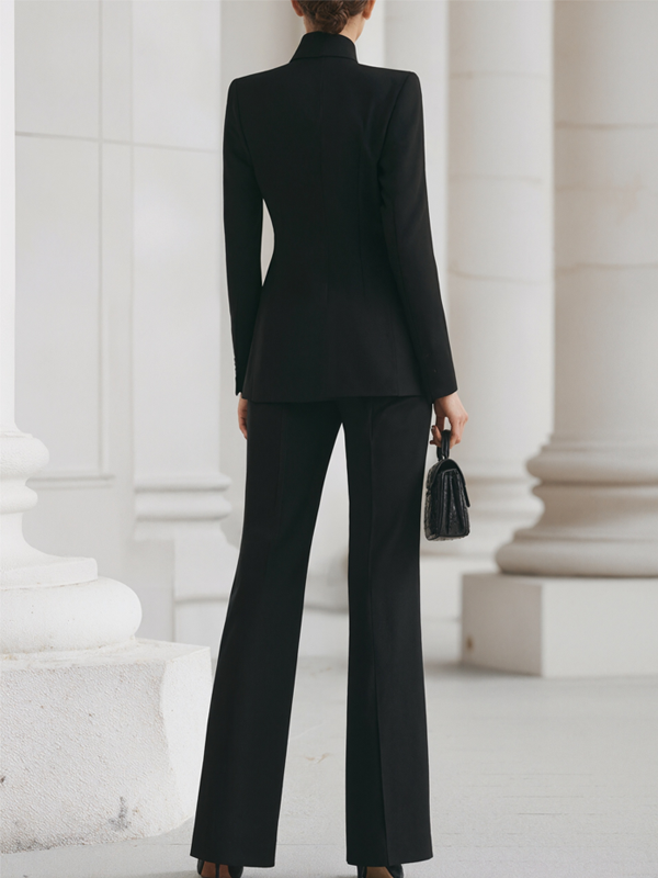 Women's long-sleeved solid-color blazer with pockets and one-button closure + long trousers two-piece set