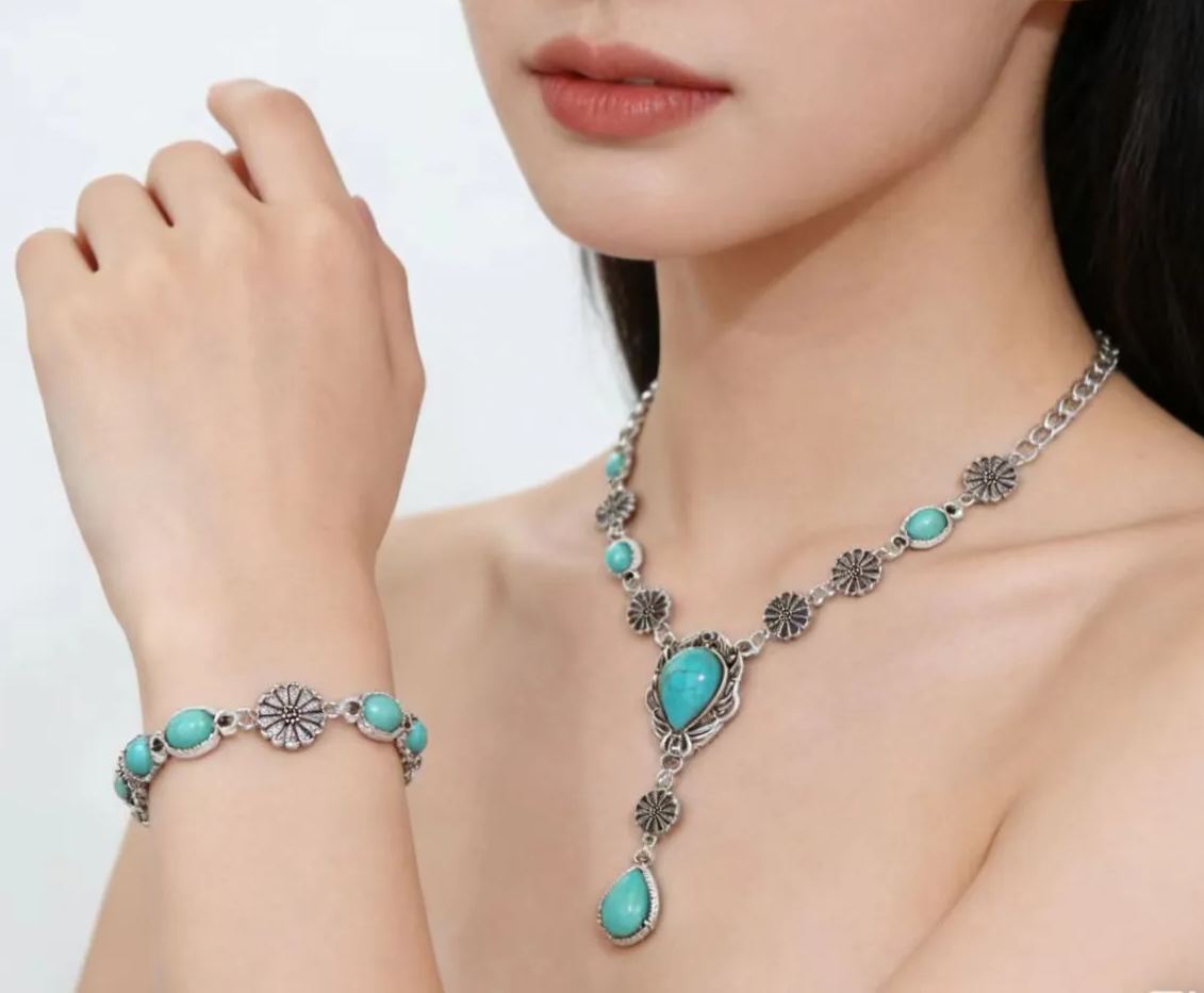 Cross-Border Necklace Set, Retro Bohemian Inlaid Imitation Turquoise Necklace, Daily Gift Party Jewelry Set