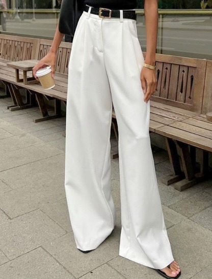 Women's Culottes Wide Leg Chinos Vacation Streetwear Casual Full Length Medium Waist Solid Color Pocket Elastic Waistband Comfy Micro-elastic Daily Outdoor Street White Spring Fall Loose Fit