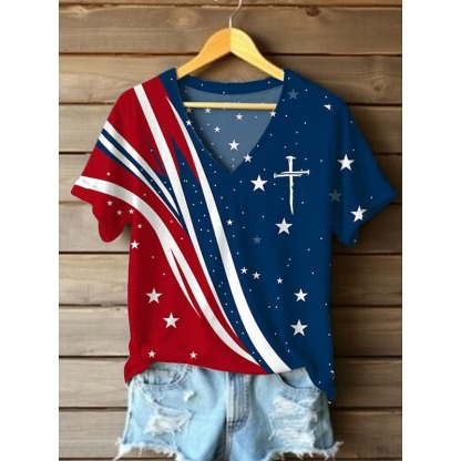 Women's Printed Flag Retro Fashion Classic Short-Sleeve V-Neck T-Shirt