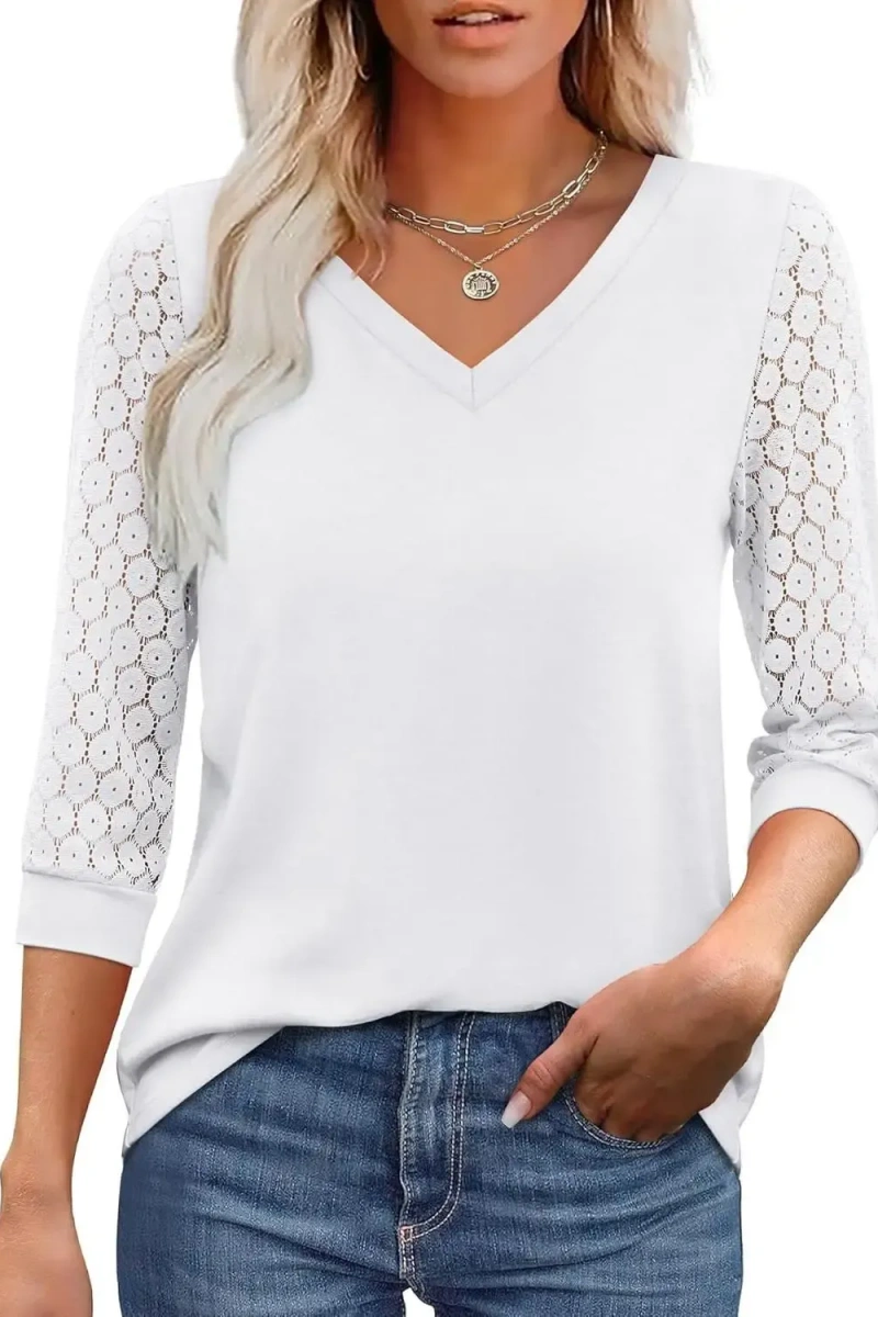 Women's Loose-fitting Hollow-out Lace Three-Quarter Sleeve Casual Solid Color V-neck T-shirt