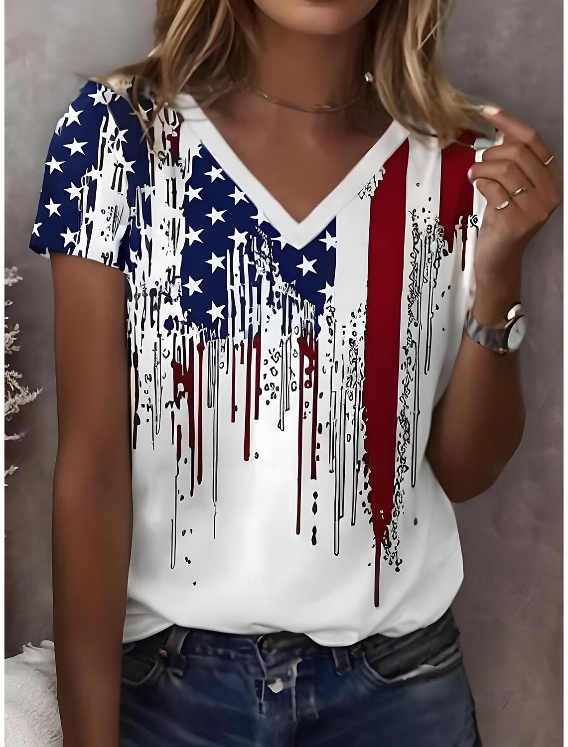 Women's Printed Flag Retro Fashion Classic Short-Sleeve V-Neck T-Shirt