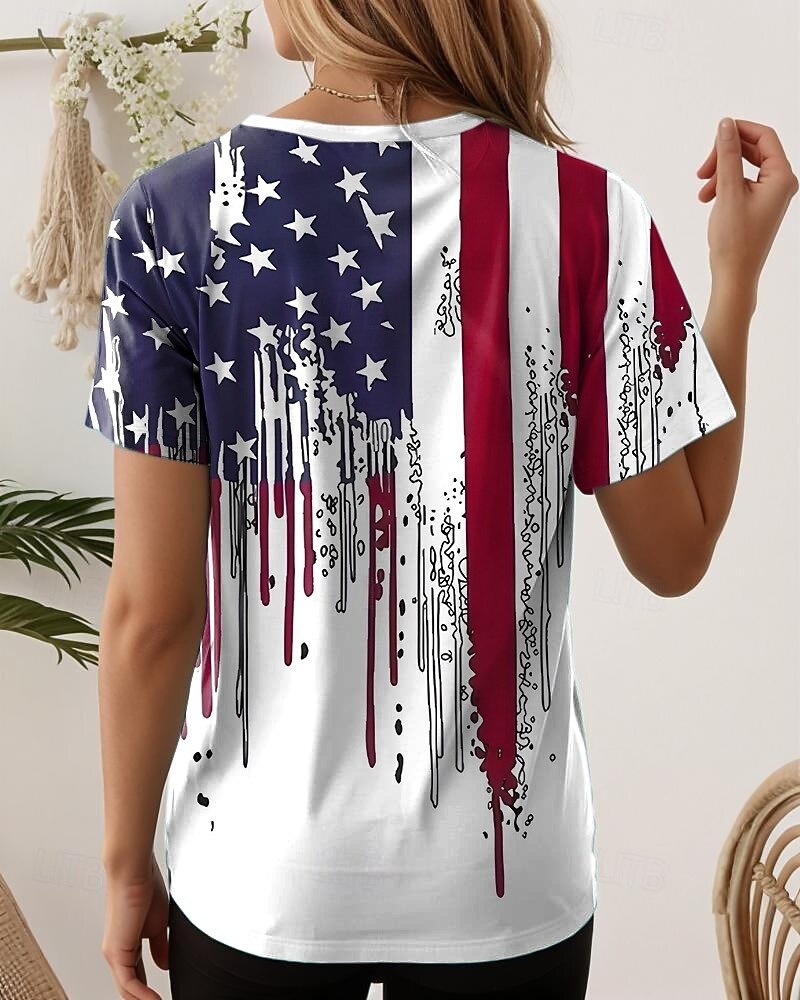 Women's Printed Flag Retro Fashion Classic Short-Sleeve V-Neck T-Shirt