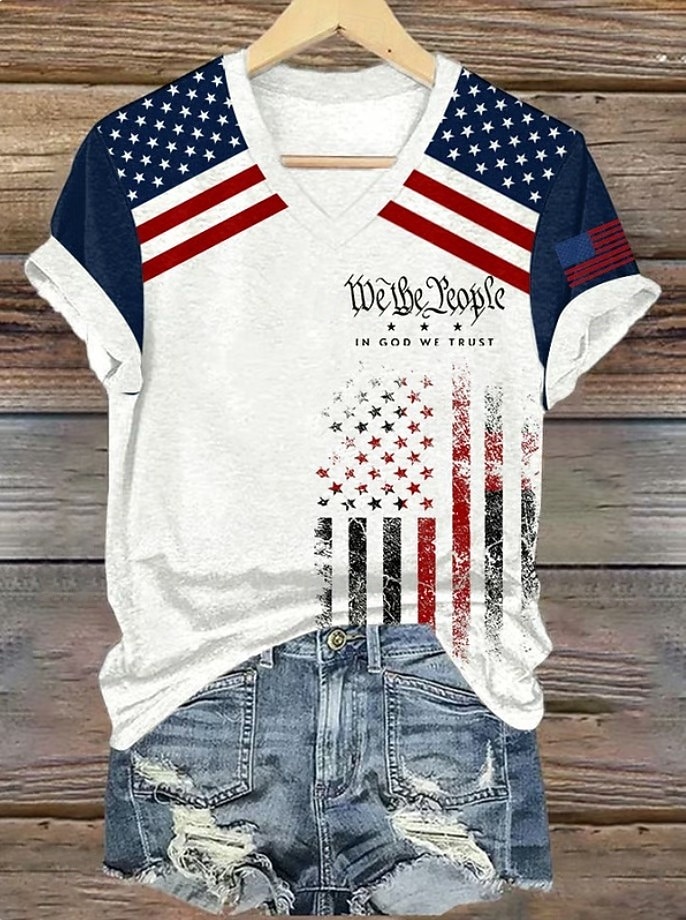 Women's Printed Flag Retro Fashion Classic Short-Sleeve V-Neck T-Shirt