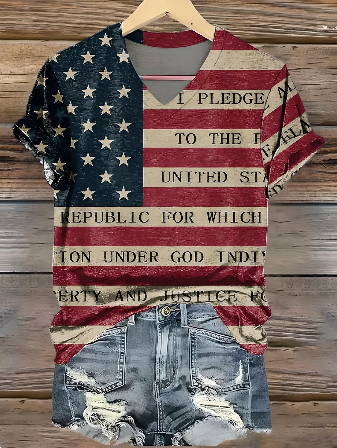 Women's Printed Flag Retro Fashion Classic Short-Sleeve V-Neck T-Shirt