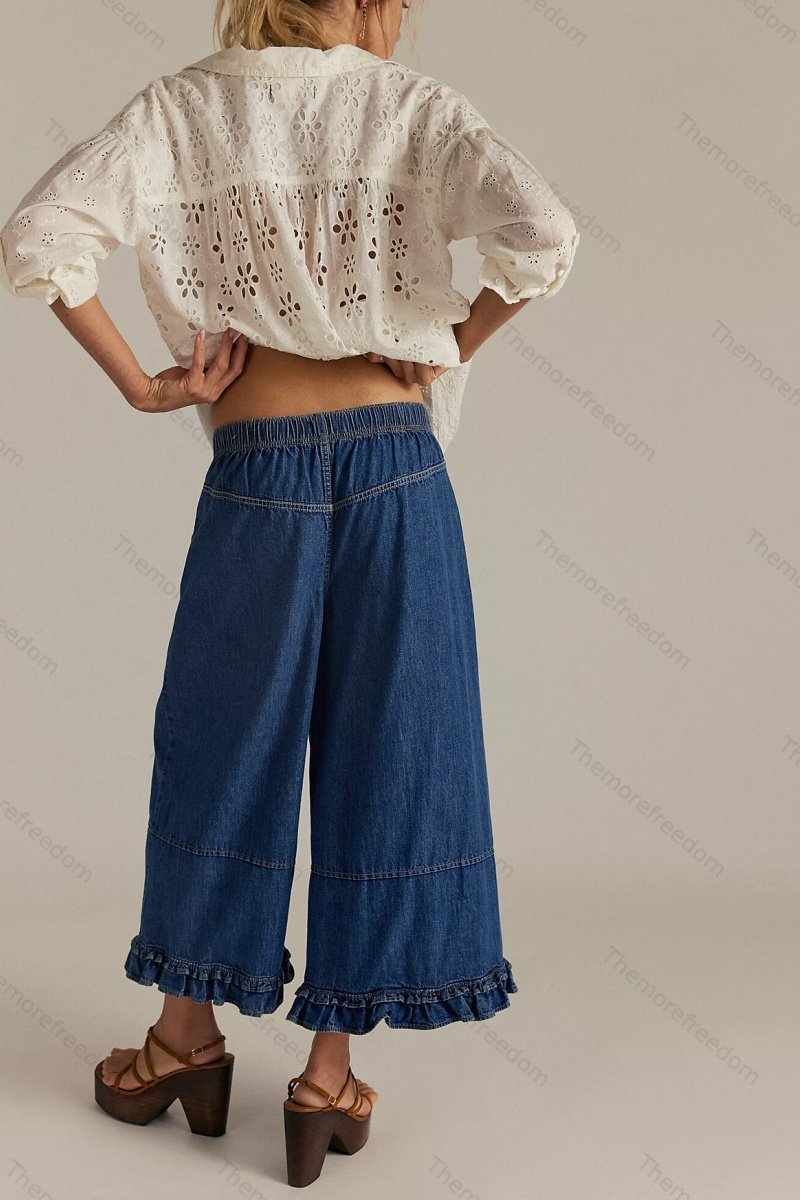Women's fashionable casual wide-leg cropped jeans with lace trim