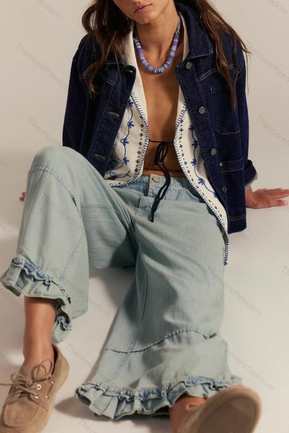 Women's fashionable casual wide-leg cropped jeans with lace trim