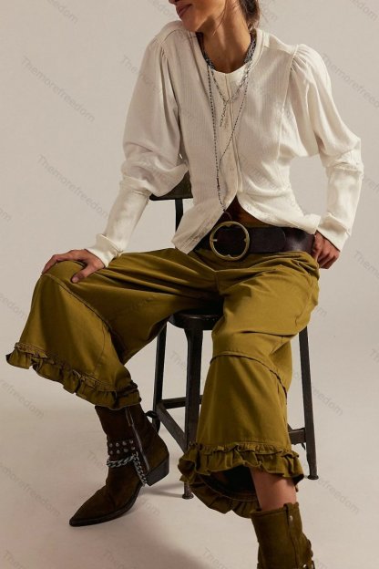 Women's fashionable casual wide-leg cropped jeans with lace trim