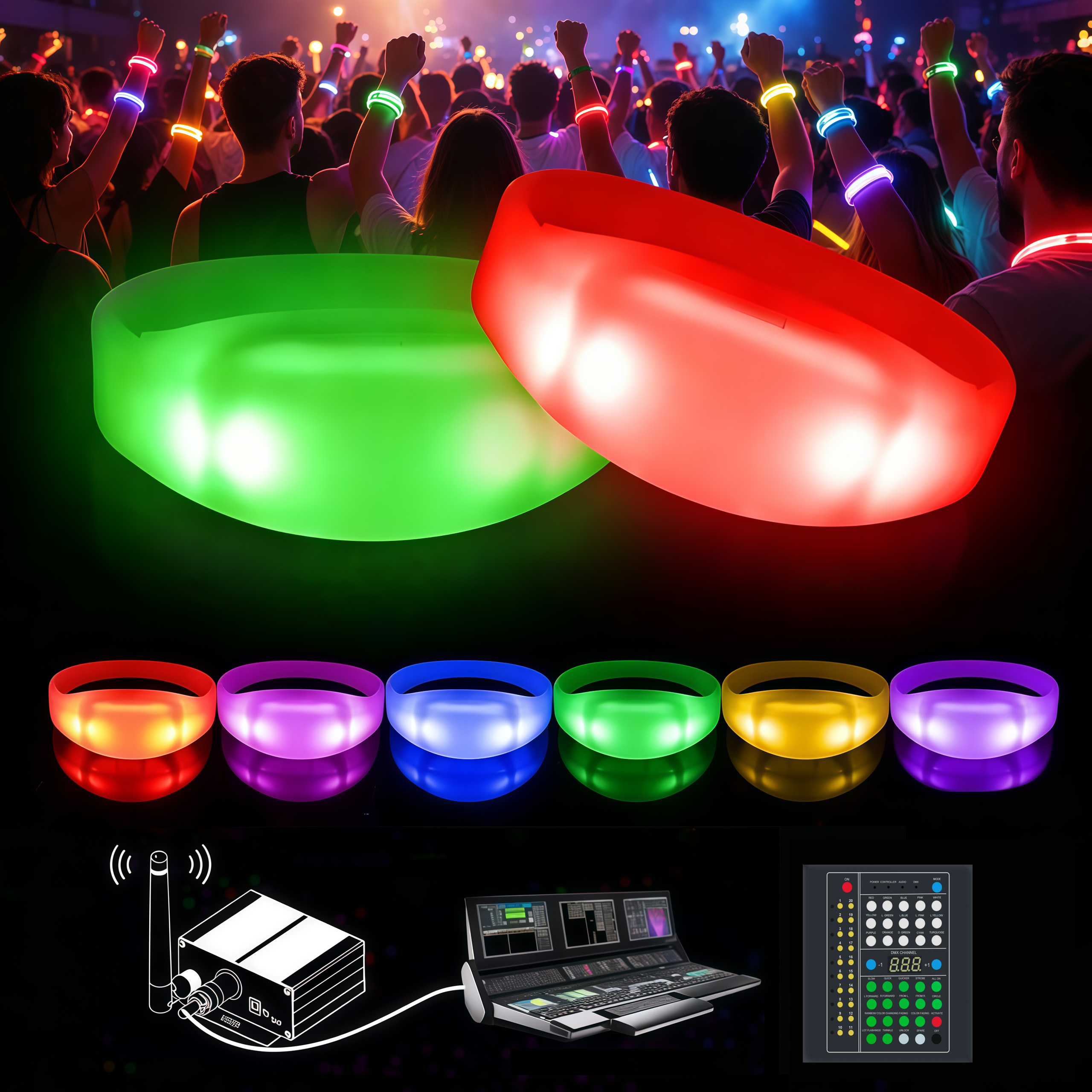 Remote Control LED Bracelet RGB Light Up Wristband, DMX Programmable Silicone Glow Bracelets for Concert Festival Party Events Wedding Club Bar Audience Interaction with Custom Logo